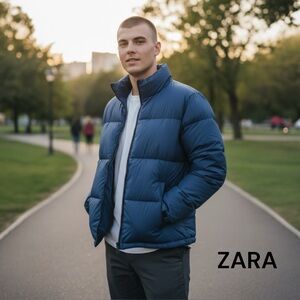 ZARA Men’s puffer winter jacket warm blue NEW  XL